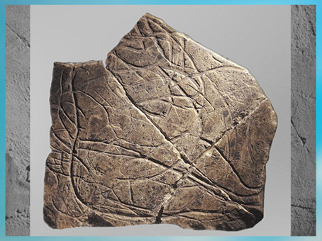 D'après une figure féminine, gravure, calcaire, grotte de La Marche, vers 14 000 ans, Magdalénien, Poitou, France, paléolithique supérieur. (Marsailly/Blogostelle)