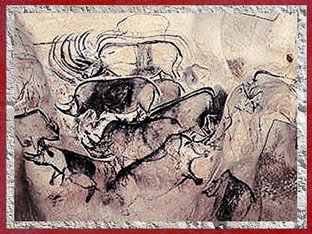 D'après des troupeaux de rhinocéros, grotte Chauvet, art aurignacien, vers 36 000 ans avjc, Ardèche, France, début paléolithique supérieur. (Marsailly/Blogostelle)