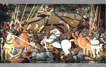 D’après La Bataille de San Romano, de Paolo Uccello, 1456 et 1460, Florence, XVe siècle, Quattrocento, Renaissance italienne. (Marsailly/Blogostelle)