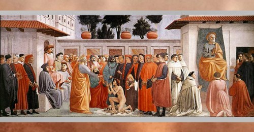 D’après La Résurrection du fils de Théophile et saint Pierre, Masaccio, vers 1427, fresque, chapelle Brancacci, Santa Maria del Carmine, XVe siècle, Florence, Quattrocento, Renaissance italienne. (Marsailly/Blogostelle)
