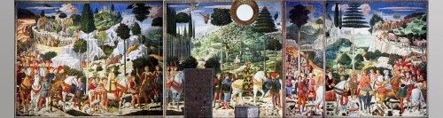D’après le Cortège des Mages et famille Médicis, de Benozzo Gozzoli, 1459-1462, fresque, chapelle des Médicis (Cappella dei Magi), palazzo Medici-Riccardi, Florence, XVe siècle, Quattrocento, Renaissance italienne. (Marsailly/Blogostelle)