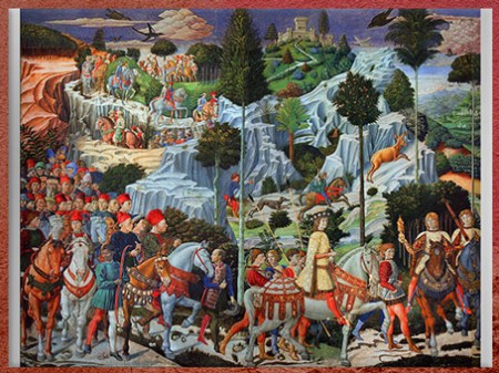 D’après le Cortège des Mages et famille Médicis, de Benozzo Gozzoli, 1459-1462, fresque, chapelle des Médicis (Cappella dei Magi), palazzo Medici-Riccardi, Florence, XVe siècle, Quattrocento, Renaissance italienne. (Marsailly/Blogostelle)