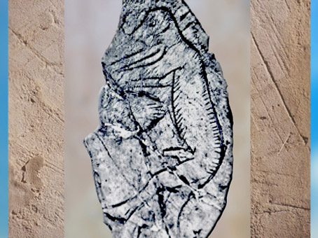 D'après un personnage à museau, rondelle, os gravé, Mas-d’Azil, Ariège, Magdalénien France, paléolithique supérieur. (Marsailly/Blogostelle)