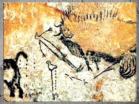 D'après la scène du puits, grotte de Lascaux, vers 18 000 ans avjc, Magdalénien, Dordogne, France, paléolithique supérieur. (Marsailly/Blogostelle)