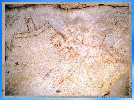 D'après un homme blessé et hibou, grotte du Pech-Merle, vers 20 000 ans avjc, Lot, France, paléolithique supérieur. (Marsailly/Blogostelle)