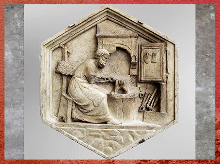 D'après Tubalcaïn dans sa forge,  Andrea pisano,1334-1336, reliefs, campanile de Giotto, Santa Maria del Fiore, Florence, XIVe siècle, Trecento italien. (Marsailly/Blogostelle)