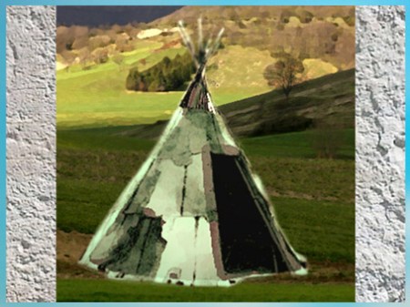 D'après une tente-tipi sur le modèle magdalénien, peaux et bois,  paléolithique supérieur. (Marsailly/Blogostelle)