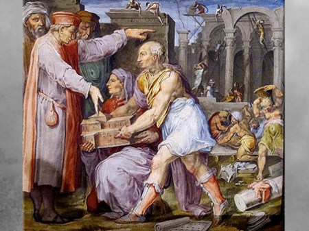 D’après Brunelleschi et Ghiberti montrant la maquette de San Lorenzo à Cosme de Médicis, fresques de Giorgio Vasari et Marco di Faenza, vers 1560, Palazzo Vecchio, XVIe siècle, Cinquecento, Renaissance italienne. (Marsailly/Blogostelle)