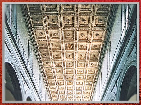 D’après l’église San Lorenzo, reconstruction de Filippo Brunelleschi, plafond à caissons, 1419, Florence, XVe siècle, Quattrocento, Renaissance italienne. (Marsailly/Blogostelle)