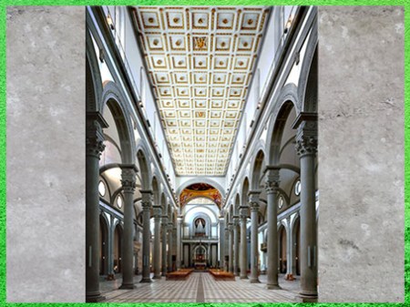 D’après l’église San Lorenzo, reconstruction de Filippo Brunelleschi, nef, 1419, Florence, XVe siècle, Quattrocento, Renaissance italienne. (Marsailly/Blogostelle)