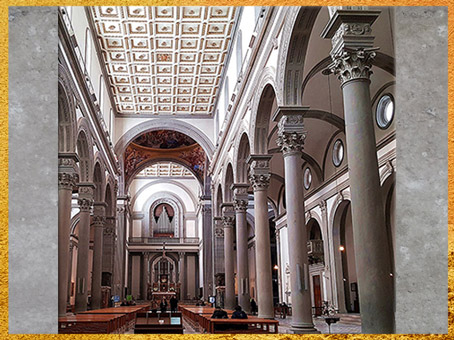 D’après l’église San Lorenzo, reconstruction de Filippo Brunelleschi, nef et bas-côtés, 1419, Florence, XVe siècle, Quattrocento, Renaissance italienne. (Marsailly/Blogostelle)