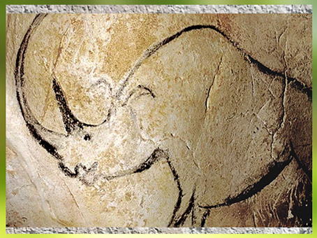 D'après un rhinocéros, peinture rupestre, grotte Chauvet, vers 36 000 avjc, aurignacien, Ardèche, France, paléolithique supérieur. (Marsailly/Blogostelle)