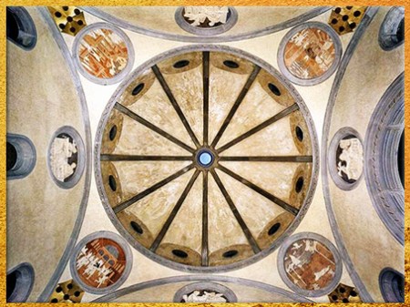 D’après la Vieille sacristie, San Lorenzo, coupole de Brunelleschi, stucs polychromes de Donatello, vers 1435, XVe siècle, Florence, Quattrocento, Renaissance italienne. (Marsailly/Blogostelle)