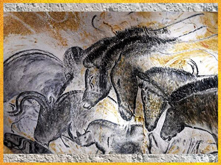 D'après des chevaux, peinture rupestre, grotte Chauvet, vers 36 000 avjc, Pont d'Arc, Ardèche, aurignacien, paléolithique supérieur. (Marsailly/Blogostelle) 