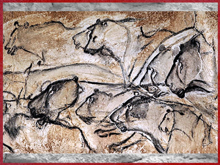 D'après des lions, peinture rupestre, grotte Chauvet, vers 36 000 avjc, Pont d'Arc, Ardèche, aurignacien, paléolithique supérieur. (Marsailly/Blogostelle)