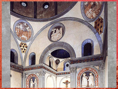 D’après Vieille sacristie San Lorenzo, sanctuaire et coupole, chapelle Médicis, Filippo Brunelleschi, 1420-1428, Florence, Quattrocento, Renaissance italienne. (Marsailly/Blogostelle)