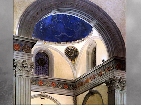 D’après Vieille sacristie San Lorenzo, sanctuaire et coupole, chapelle Médicis, Filippo Brunelleschi, 1420-1428, Florence, Quattrocento, Renaissance italienne. (Marsailly/Blogostelle)