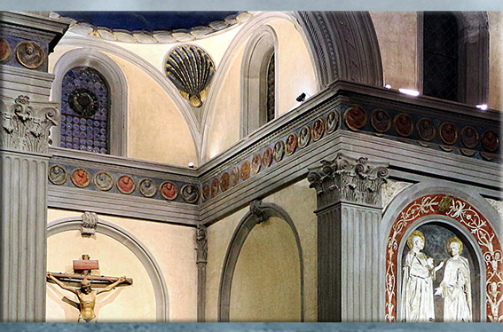 D’après La Vieille sacristie, San Lorenzo, entablement continu, Filippo Brunelleschi, 1420-1428 et ajout d'une frise de terres cuites, chapelle Médicis, XVe siècle, Florence, Quattrocento, Renaissance italienne. (Marsailly/Blogostelle)
