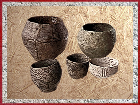 D'après des poteries, à décor incisé, terre cuite, vaisselle, IIIe millénaire avjc, néolithique. (Marsailly/Blogostelle)