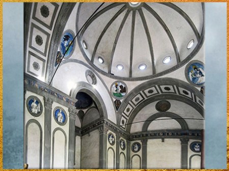 D’après la chapelle des Pazzi, intérieur, Santa Croce, Brunelleschi, Florence, XVe siècle, Quattrocento, Renaissance italienne. (Marsailly/Blogostelle) 