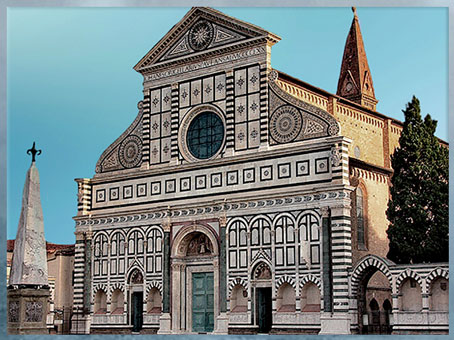 D’après l’église Santa Maria Novella, façade, Leon Battista Alberti, 1458-1470, Florence, XVe siècle, Quattrocento, Renaissance italienne. (Marsailly/Blogostelle)