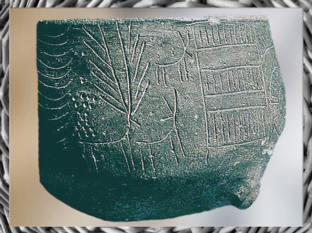 D'après une poterie à décor incisé, motifs de cerfs et pictogrammes, terre cuite, Espagne, néolithique. (Marsailly/Blogostelle)