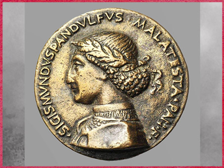 D'après l'effigie de Sigismondo Pandolfo Malatesta, médaille de Matteo de'Pasti, projet d'Alberti, 1450, Rimini, XVe siècle Quattrocento, Renaissance italienne. (Marsailly/Blogostelle)