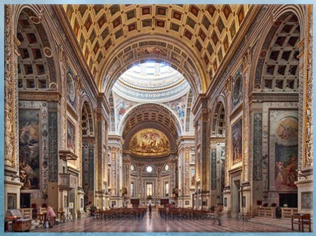 D’après l'église Sant'andrea, nef et chapelles intérieures, architecte Leon Battista Alberti, 1472-1490, Mantoue, XVe siècle, Quattrocento, Renaissance italienne. (Marsailly/Blogostelle)
