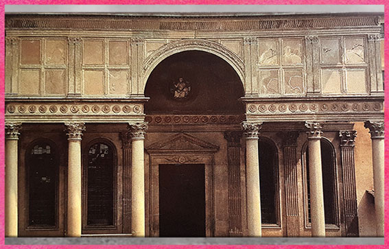 D’après la chapelle Pazzi, façade, Santa Croce, Filippo Brunelleschi, vers 1430, Florence, XVe siècle, Quattrocento, Renaissance italienne. (Marsailly/Blogostelle)