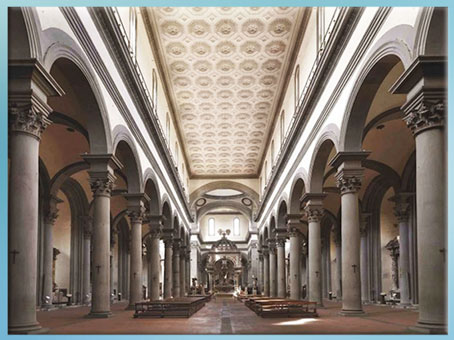 D’après la basilique Santo Spirito, nef, plans de Brunelleschi, vers 1444, Florence, XVe siècle, Quattrocento, Renaissance italienne. (Marsailly/Blogostelle) 