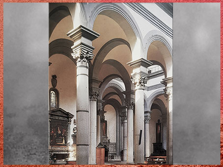 D’après la basilique Santo Spirito, arcs en plein cintre, plans de Brunelleschi, vers 1444, Florence, XVe siècle, Quattrocento, Renaissance italienne. (Marsailly/Blogostelle) 