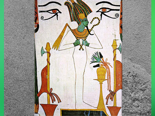 D’après le dieu Osiris, souverain de l’Éternité, avec sceptre-crochet et flabellum, tombe de Sennedjem, XIXe dynastie, Nouvel Empire, Égypte Ancienne. (Marsailly/Blogostelle)