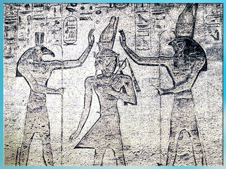 D’après Seth et Horus, couronnant Ramsès II, temple de Ramsès II, 1279-1213 avjc, XIXe dynastie, Abou Simbel, Nouvel Empire, Égypte Ancienne. (Marsailly/Blogostelle)