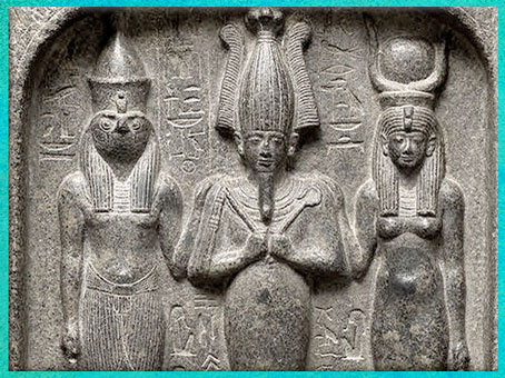D’après la triade Horus, Osiris et Isis, diorite, règne de Séthi Ier, Abydos, XIXe dynastie, Nouvel Empire, Égypte Ancienne. (Marsailly/Blogostelle)