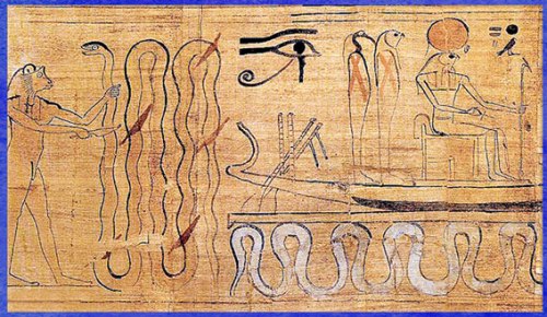 D’après un personnage divin à tête de Lion terrassant Apophis, papyrus funéraire de Heruben, XXIe dynastie, XIe siècle avjc, Égypte Ancienne. (Marsailly/Blogostelle)