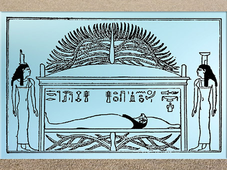 D’après le tombeau d'Osiris et son arbre, les déesses Isis et Nephtys, relevé d'un bas-relief, Ier siècle avjc, Denderah, époque Ptolémaïque, Égypte ancienne. (Marsailly/Blogostelle)