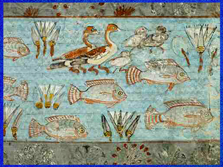 D'après le monde aquatique des marais du Nil, chapelle funéraire de Nebamun, peinture sur plâtre, vers 1350 avjc, XVIIIe dynastie, Thèbe, Nouvel Empire, Égypte ancienne. (Marsailly/Blogostelle)