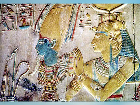 D'après Osiris et la déesse Isis, chapelle d'Horus, temple du roi Sethi Ier, Abydos, XIXe dynastie, Nouvel Empire, Égypte ancienne. (Marsailly/Blogostelle)