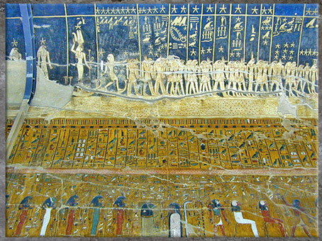 D’après le plafond céleste de la tombe de Séthi Ier, peintures, XIXe dynastie, Vallée des Rois, Nouvel Empire, Égypte ancienne. (Marsailly/Blogostelle) 