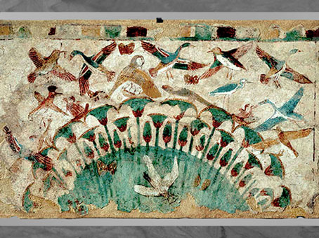D’après Les marais du Nil, oiseaux et papyrus, tombe de Neferhotep, peinture sur limon, vers 1450 - 1400 avjc, XVIIIe dynastie, Thèbes, Égypte ancienne. (Marsailly/Blogostelle) 