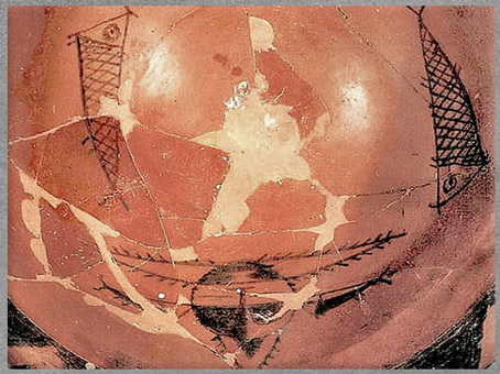 D'après un bassin, terre cuite peinte, masque sorcier et poissons, détail, Banpo, culture de Yangshao, 5000- 2500 avjc, néolithique, Chine ancienne. (Marsailly/Blogostelle)