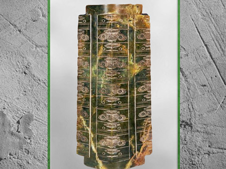 D’après un jade cong, à étages multiples, motifs mufle-taotie, 3200-2200 avjc, culture de Liangzhu, néolithique, Chine ancienne. (Marsailly/Blogostelle) 