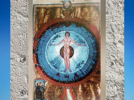 D'après L'être humain au Centre de l'Univers, de la Nature et des 4 éléments, Le Livre des œuvres Divines, 1174, Hildegarde de Bingen, XIIe siècle, période médiévale. (Marsailly/Blogostelle)