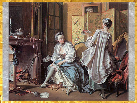 D'après La Toilette, femme et jarretière, de François Boucher, 1742, huile sur toile, XVIIIe siècle, France, période Rocaille. (Marsailly/Blogostelle)