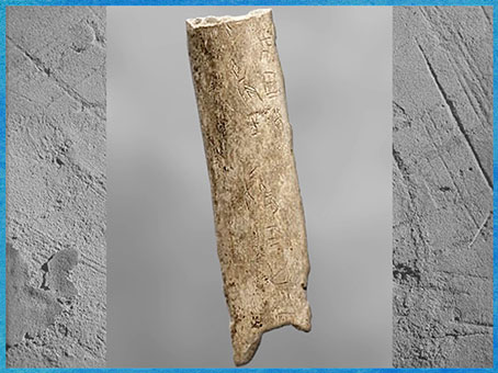 D’après un os oraculaire, inscriptions divinatoires, dynastie Shang, 1765-1122 avjc, âge du Bronze, Chine ancienne. (Marsailly/Blogostelle) 