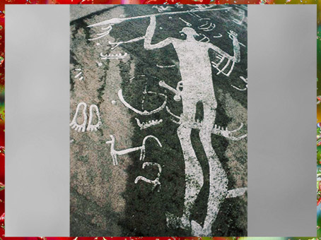 D'après un personnage dit Le dieu à la lance, art rupestre scandinave, Tanum, Suède, âge du Bronze. (Marsailly/Blogostelle)