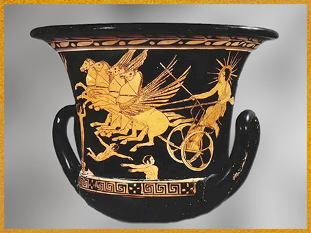 D'après Apollon-Hélios sur son char, céramique attique à figure rouge, cratère, 430 avjc, Grèce antique. (Marsailly/Blogostelle)