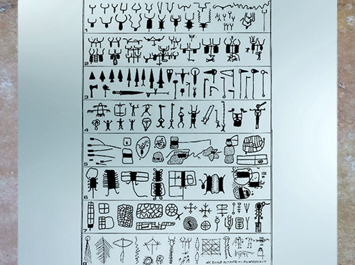 D'après des glyphes et pictogrammes, graphismes rupestres, Vallée des Merveilles, Mont Bégo, France, fin néolithique-âge du Bronze. (Marsailly/Blogostelle)