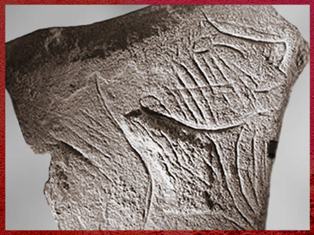 D'après un visage humain, gravure sur bloc, grotte de La Marche, Lussac-les-Châteaux, Vienne, France, paléolithique supérieur. (Marsailly/Blogostelle)