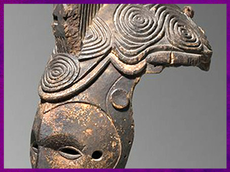 D'après le masque-esprit d'une jeune défunte, motifs de spirales, détail, Igbo Agbogho Mmuo, Nigéria, XIXe-XXe siècle, art Africain. (Marsailly/Blogostelle)